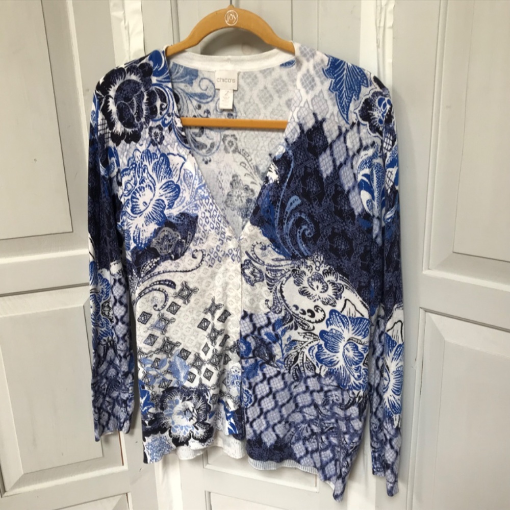 Chico's Blue and White Floral Button Down Cardigan - Picture 8 of 14